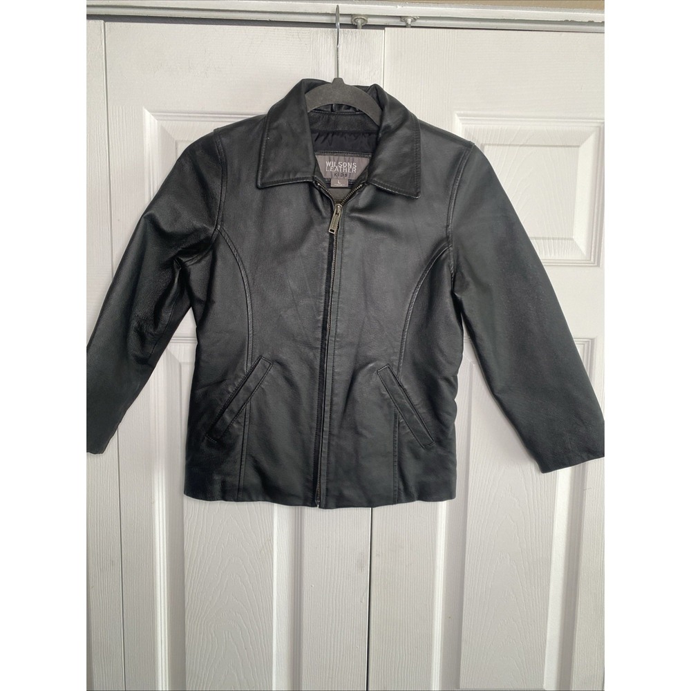 Wilsons Leather Kids Youth Size Large Black Leather Jacket Boys Girls 14